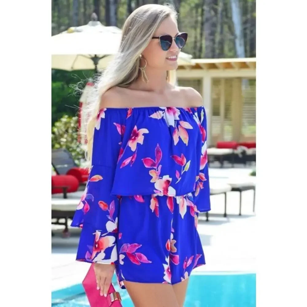 Peach Love Blue Colorful Floral Summer Spring Off The Shoulder Romper Size M - Picture 2 of 4